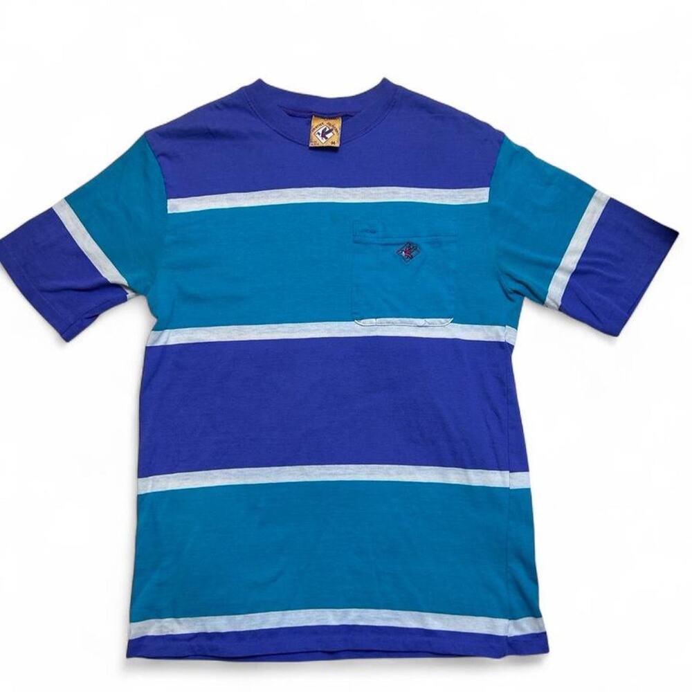 Raintree Southern Vintage 80s Blue  100% Cotton Striped Duck Pocket Tee Medium